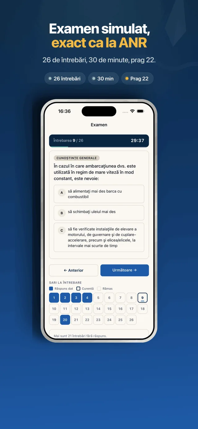 Captură SeaWise cu simularea de examen ANR: 26 de întrebări, 30 de minute, prag 22.