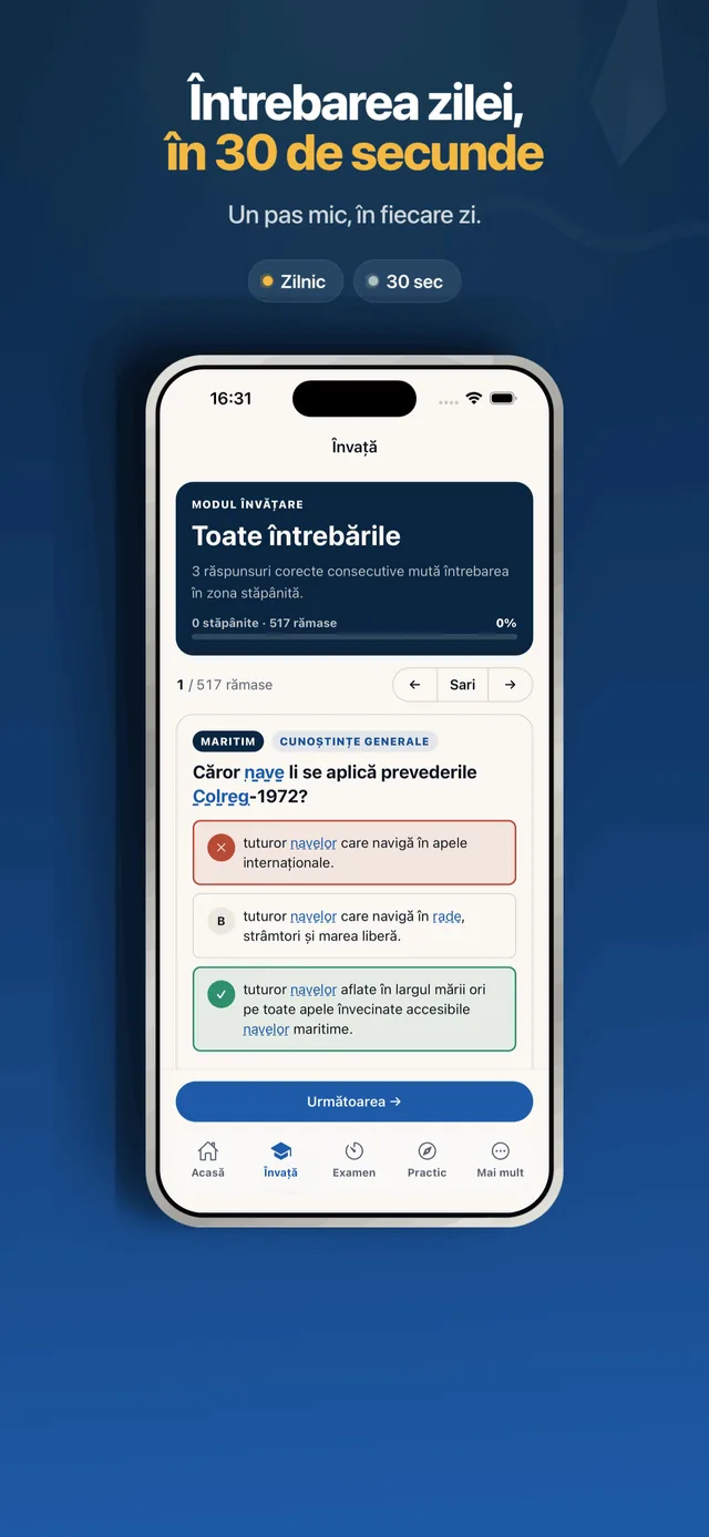 Captură SeaWise cu Întrebarea zilei și feedback pe răspunsuri.